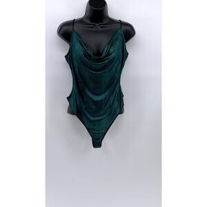 BLA SHE Women's Dark Green Metallic Cowl-Neck Spaghetti Strap Bodysuit SZ L